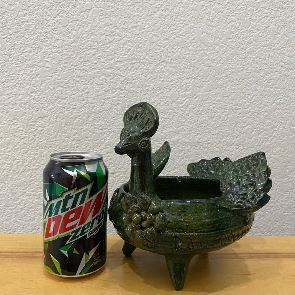 Unique Green Clay Pottery Animal Sculpture Peacock Footed Dish Planter Decor - Picture 2 of 15